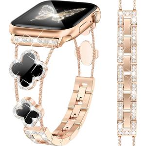 Rose Gold Bling Diamond Clover Bands Women Compatible with Apple Watch  Lucky Cute Sparkle Dressy Bracelet Metal Strap for iWatch Series Ultra/SE/10/9/8/7/6/5/4/3/2/1, Size: 46/45/44/49/42mm(Series 1/2/3)