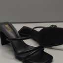IDIFU Black Strappy Heels High Chunky Block Heels Square Toe Three Strap Slip On Heels Comfortable Slides Heeled Sandals Sexy Wedding Party Dress Shoes Open Toe Mules Heels for Women(Black Pu, 8.5)