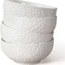 Artena Ceramic Cereal Bowls 26 oz, Embossment Soup Bowls Set of 4, White Salad Bowl for Kitchen, Dinner, Breakfast, Oatmeal, Rice, Pasta, Dishwasher Microwave Safe, 6 inch (Flower)