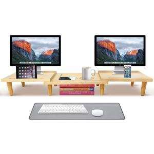 Dual Monitor Stand Riser - Solid Wood 3 Panels Laptop Riser with Storage for Phone/Mug - Home/Office Desk Organizer with Adjustable Length & Angle - Modern Computer Stand for PC, Laptop, & more (Natural)