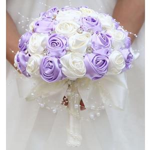Mhojpik Bridal Wedding Bouquet Round Bling Brooch Bouquet Throw Toss Artificial Rose Flower Bunch for Bride Bridesmaid Wedding Quinceanera(Light Purple & Ivory, 7.5")
