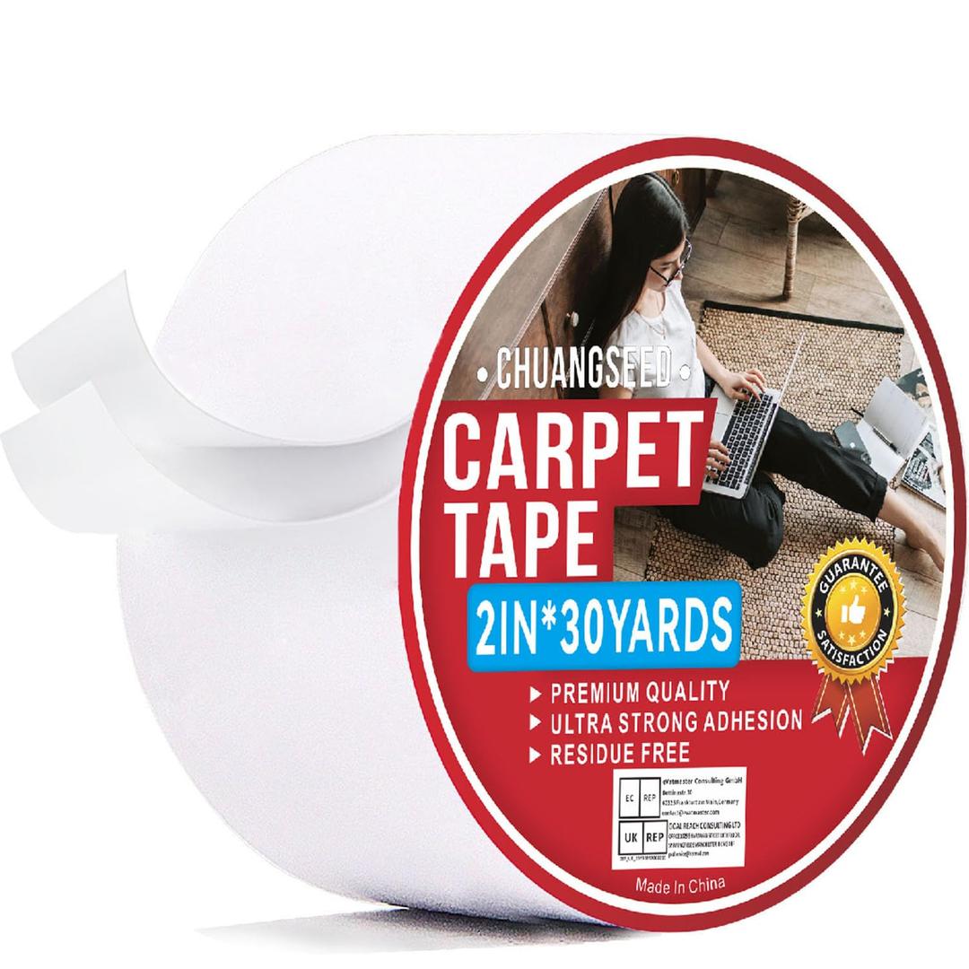 2 x CHUANGSEED Carpet Tape Double Sided,White Rug Tape for Tile Area Rugs Hardwood Floors,Strong Sticky Tape,Removable,No Residue 2inchesx30yards