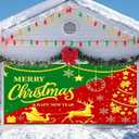 3 x IVN Christmas Garage Door Cover Decoration 13x6ft Snowy Night Trees with Green Red Sleigh Scene Deer Merry Christmas Garage Door Banner Home Door Front Yard Decor for Xmas Eve Holiday Outdoor