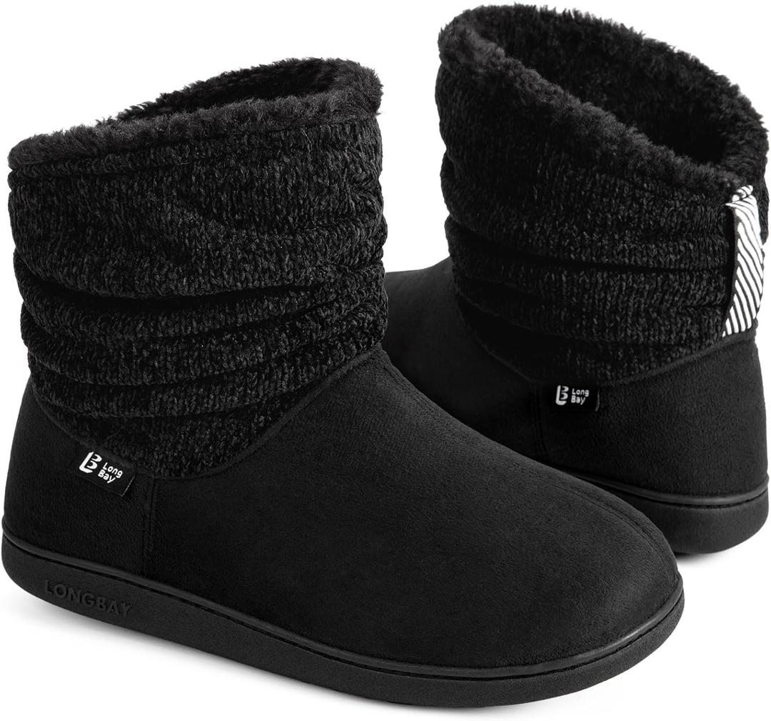 LongBay Women's Warm Chenille Knit Bootie Slippers Memory Foam Comfy Suede Fluffy Faux Fur Boots House Shoes (7-8, Black)