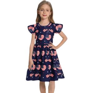 RONGTAI Girls 4th of July Dress Kids American Flag Patriotic Stars Striped Summer A Line Dresses for Kids Independence Day (5-6 Years)