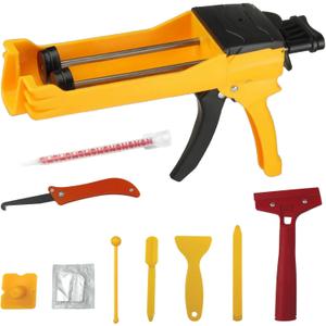 Double Caulking Gun,Dual Epoxy Gun for 400 mL(13.5 fl oz,1:1 Mix Ratio),Manual Dual Component Adhesive Applicator with 9 Pieces Caulk Tools,Yellow
