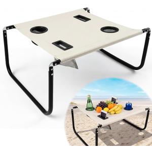 Portable Beach Table Foldable Camping Picnic Table with Cup Holder and Phone Pockets Lightweight Stable for Tailgate Travel Fishing Hiking and Outdoor Adventures(White,Solid Pattern)