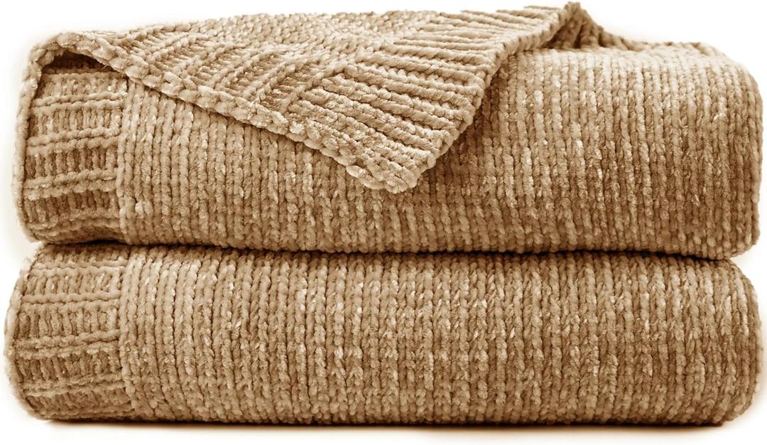 Chenille Throw Blanket for Couch, Cozy Soft Blanket Lightweight Decorative Throw for Living Room Sofa Chair, Stylish Home Decor, Ideal for Gifting, Khaki 50"x60"