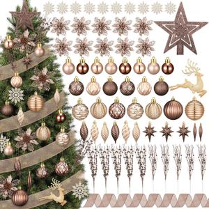 118 Pcs Christmas Tree Ornaments Set Including Ornaments Balls, Hanging Snowflakes Icicle, Mesh Ribbon, Tree Top Star, Flower, Berries Stems for Xmas Trees Holiday Decor(Brown)
