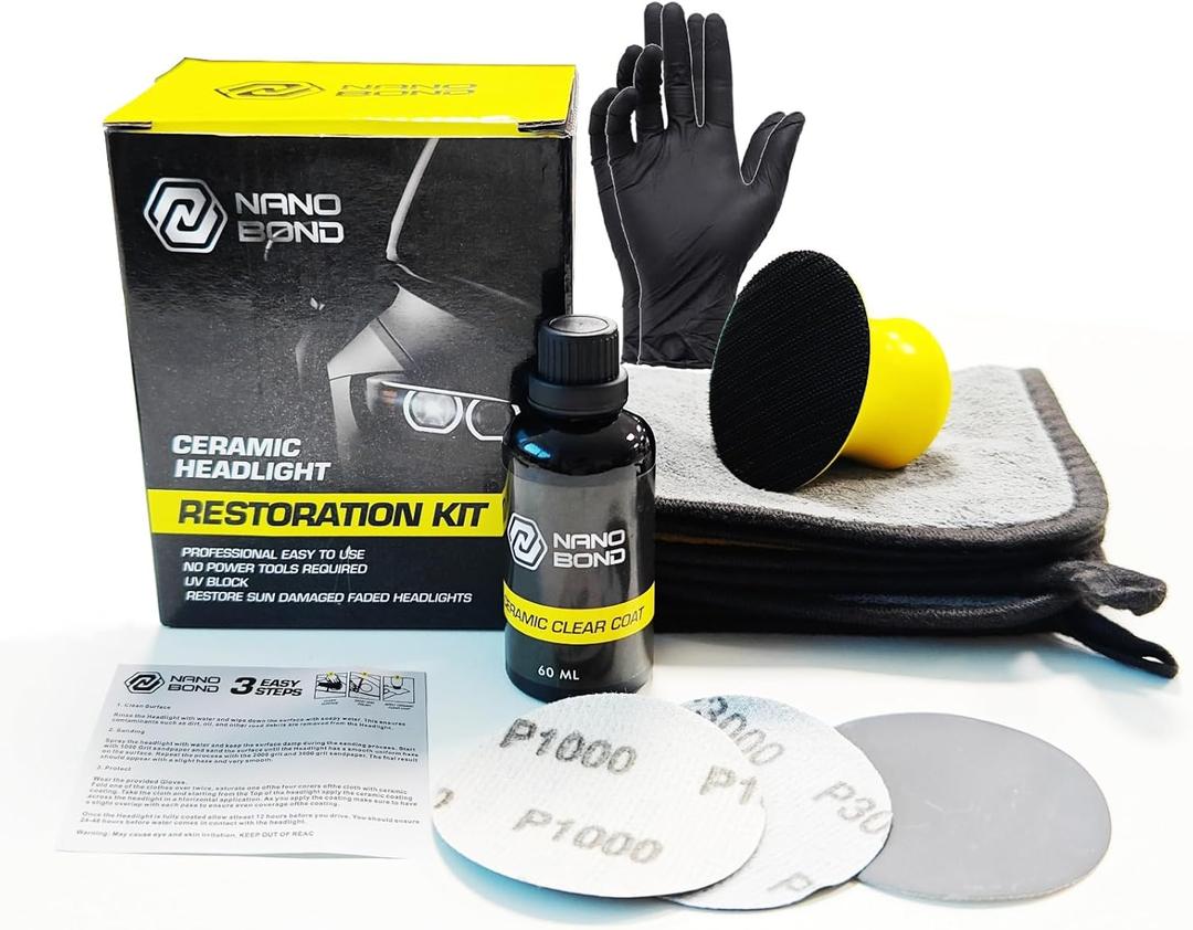 Nano Bond Ceramic Headlight Restoration Kit - No Power Tools Required - 3 Easy Steps to Restore Clarity Like New - Long Lasting UV Clear cloat