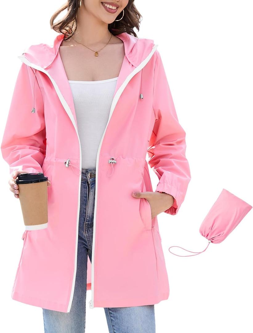 Century Star Womens Rain Jacket Waterproof with Hood, Packable Lightweight Windbreaker Long Trench Coat for Travel (Pink, S)