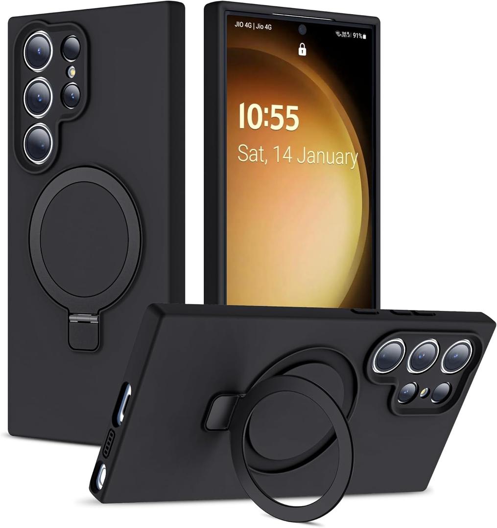 SKYLMW for Samsung Galaxy S24 Ultra Case with Magnetic Invisible Stand [Compatible with MagSafe] Military Drop Tested [Full Camera Protection] Silicone S24 Ultra Case for Women Men 6.8'',Black