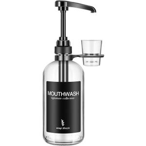 Clear Glass Mouthwash Dispenser with Black Cup Holder and Pump, 16 Oz Rustic Boho Mouthwash Dispenser for Bathroom Farmhouse Decor - 1 Pack