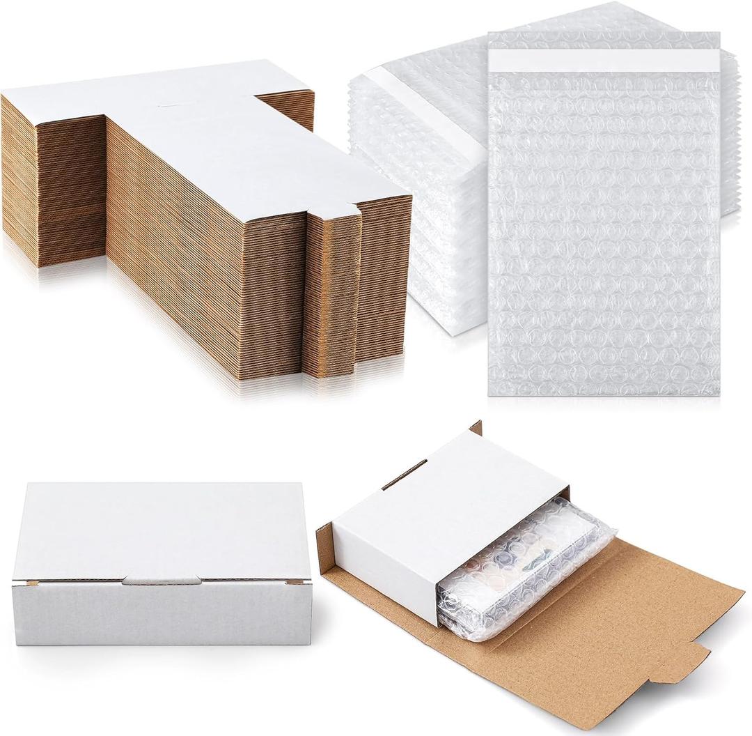 Marspark 50 Pack Small Shipping Boxes with Bubble Bags for Cassette Storage, Corrugated Cardboard Mailer Boxes for Small Business Packaging, Easy Fold Shipping(White)