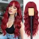 AISI HAIR 【Beginner Friendly Wigs Red Wig with Bangs Long Wavy Synthetic Wig for Women Daily Party Use