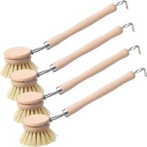 Maxdot 4 Pcs Kitchen Dish Brush with Beechwood Handle Natural Wooden Handle Scrub Brush Fiber Bristles Dish Scrub 2 Inch Replacement Brush Head for Pots Pans Utensils Washing Supplies
