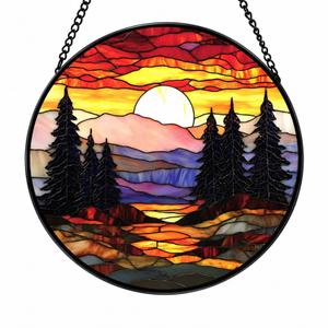 Stained Glass Window Hanging- Mountain Sunset Design，Suncatcher for Window, for Christmas, Mother's Day and Nature Lovers