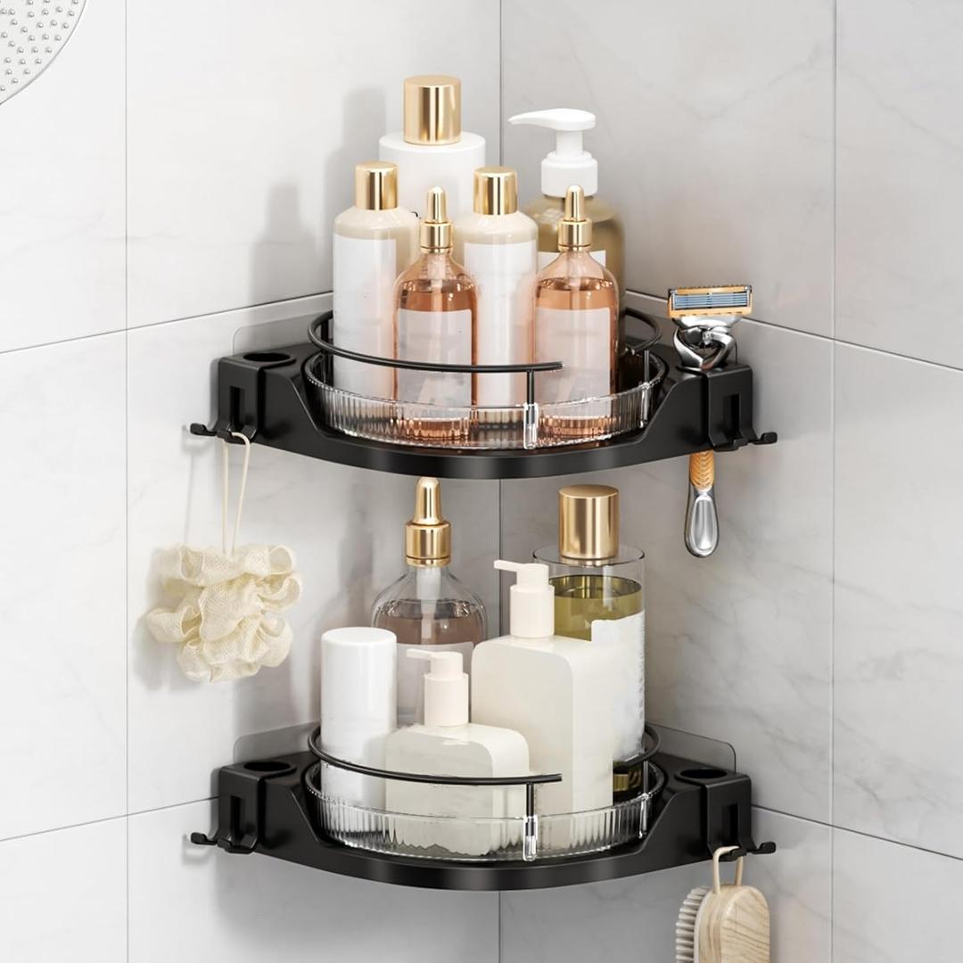 360 Rotating Corner Shower Caddy (2-Pack) - Lazy Susan Bathroom Organizer with Hooks, No-Drill Adhesive Mount for Shower, Kitchen, RV, Space-Saving ABS Plastic Shower Shelf (Black)