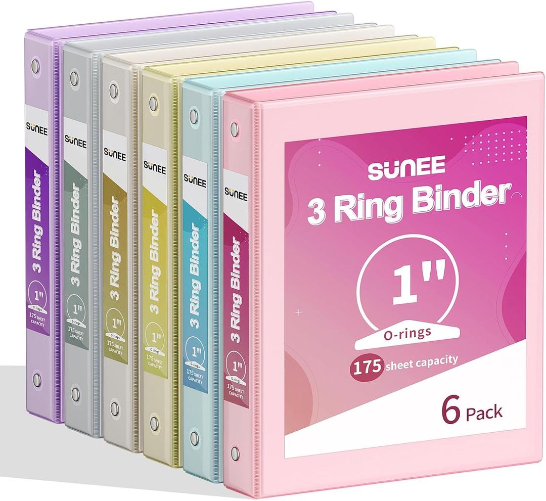 SUNEE 1 Inch Binders 3 Ring 6 Pack, Clear View Three Ring Binders PVC-Free (Fit 8.5x11 Inches) for School or Office Supplies, Pastel Binder
