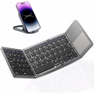 Foldable Bluetooth Keyboard with Touchpad - Portable Wireless Keyboard with Holder, Rechargeable Full Size Ultra Slim Pocket Folding Keyboards for Android Windows iOS Tablet & Laptop (Gray)