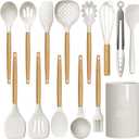 oannao Silicone Cooking Utensils Set - 446F Heat Resistant Silicone Kitchen Utensils for Cooking,Kitchen Utensil Spatula Set w Wooden Handles for Non-Stick Cookware, BPA FREE (Cream White)