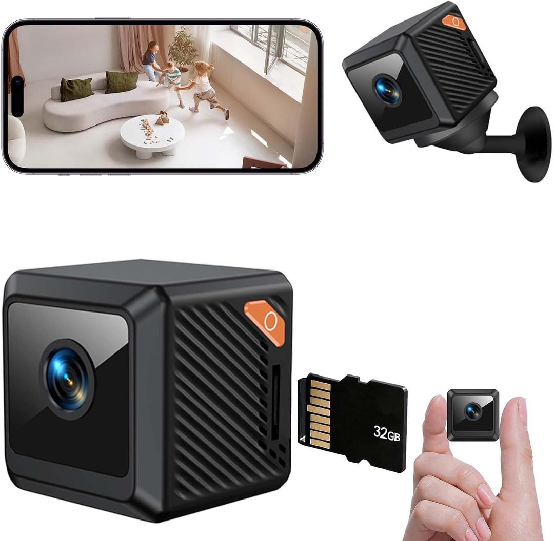 Small Hidden Camera, 1080P Indoor Security Cameras for Home, Mini Nanny Cam with 32GB SD Card & 140 Wide-Angle Lens & Motion Detection & Night Vision, Magnetic Installation (Pure Black)
