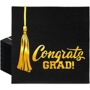 2 x JarThenaAMCS 2026 Graduation Napkin Disposable Luncheon Paper Napkins 50Pcs Black Gold Foil Congrats Grad Tassel Dinner Hand Napkins for School University College Celebration Party Table Decor