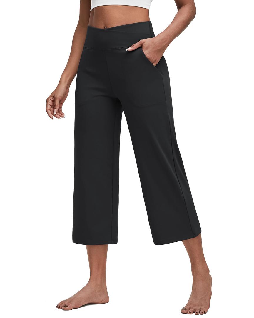 G4Free Wide Leg Capri Yoga Pants Women Crop Pants with Pockets Cross Waist Stretch Dress Capris for Casual Workout(Black,XL,18")