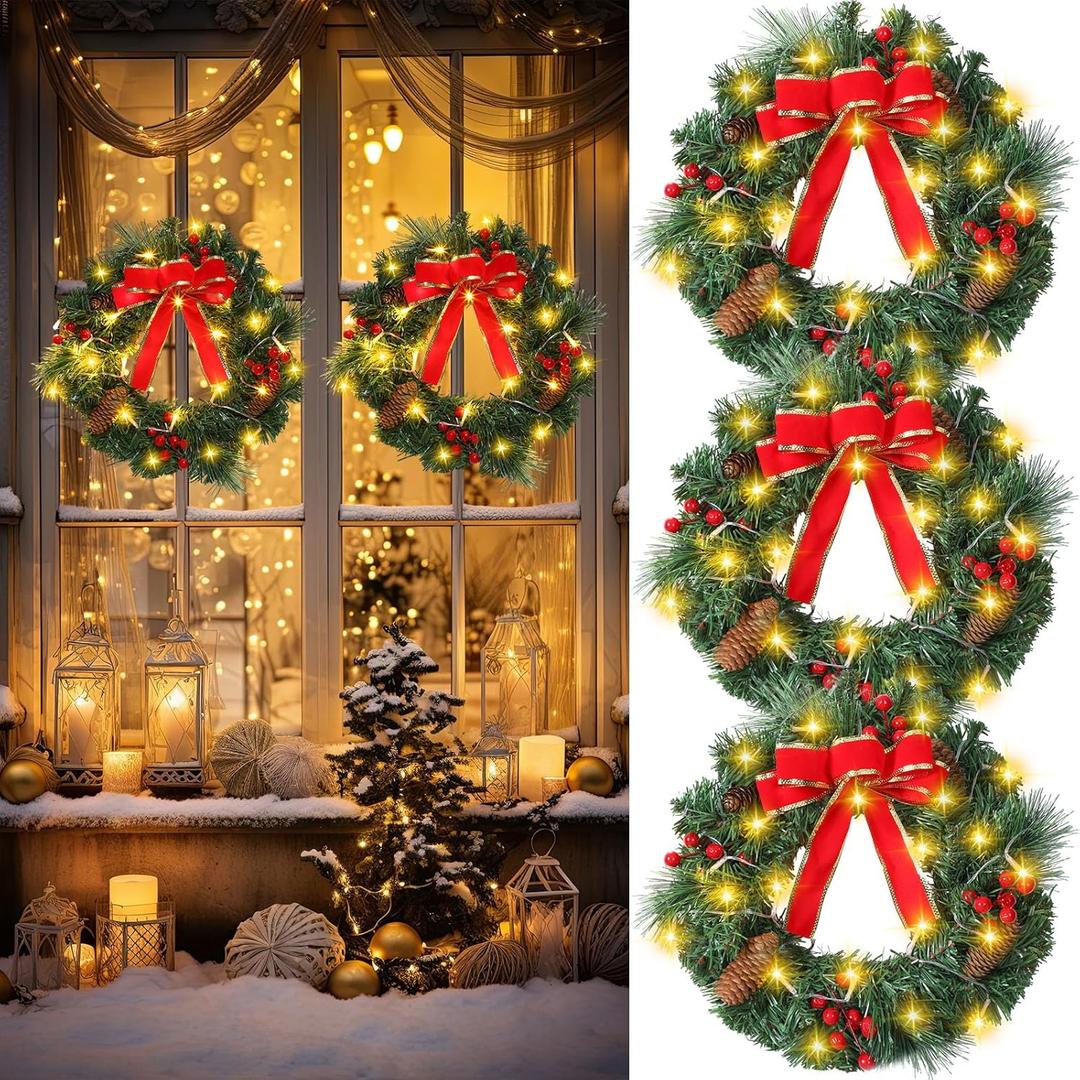 3 Pack 14 Inch Christmas Wreath Decorations with Lights Battery Operated 50 LED Artificial Christmas Wreath for Front Door with Red Bow Pine Cones Berry for Outdoor Indoor Window Wall Decor