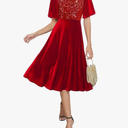 Meetjen Women's Velvet Dresses Crew Neck Fall Wedding Guest Elegant Short Sleeve Midi Sequin Cocktail Party Dress 2XL