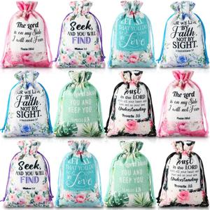 Locmeo 60 Pcs Bible Verse Religious Gift Bags with Drawstring 4 x 6 Inch Floral Christian Candy Gift Wrapping Bags for Women Mother's Day Party Favor Jewelry