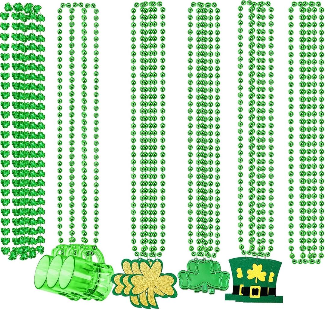 18PCS St. Patrick's Day Shamrock Necklace Clover Green Bead Party Favors Novelty St Patricks Day Shot Glasses Bead Necklaces Irish Beer Decorations Supplies