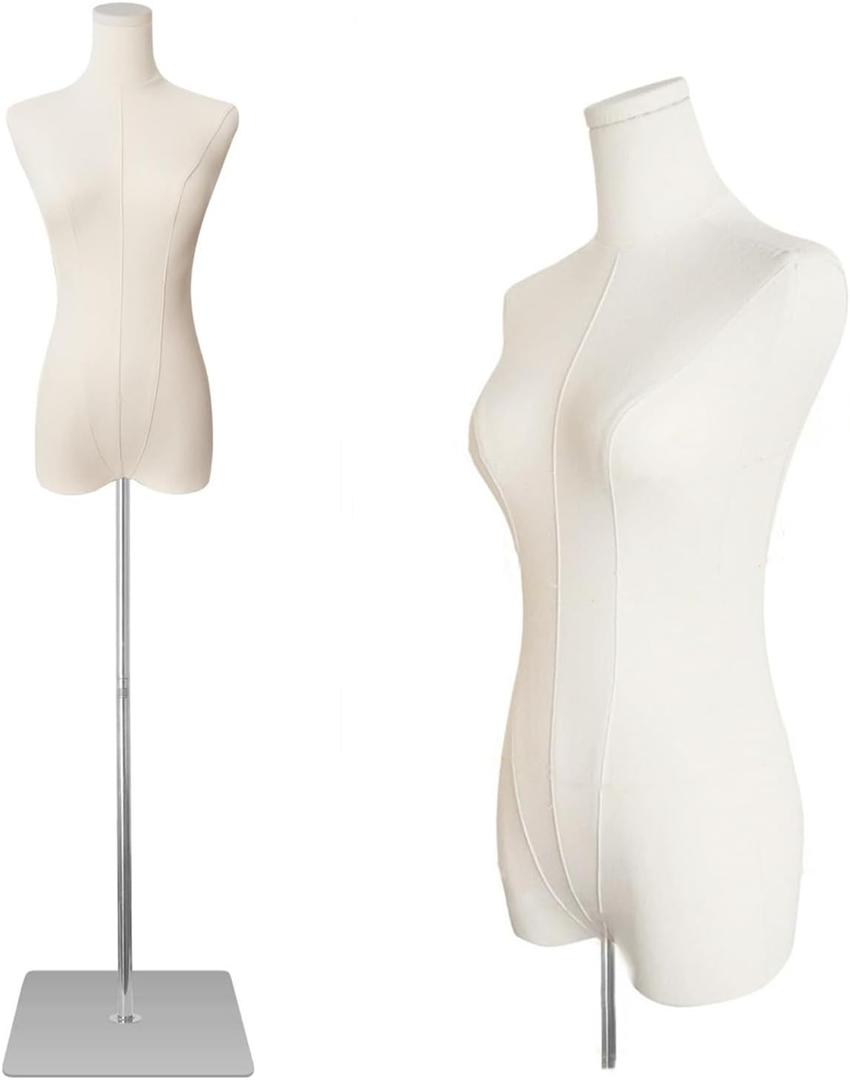 EaseHome Dress Form Mannequin Body, 50-70Adjustable Height Female Beige Linen Fabric Manikin Torso with Detachable Gold Metal Bracket and Rectangular Base Clothing Forms