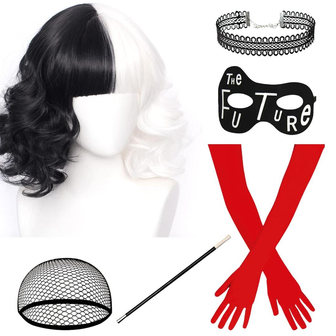 Black and White Synthetic Wig with Accessories of Long Red Gloves, Future Mask, Stick, Choker for Halloween Costume Women Set