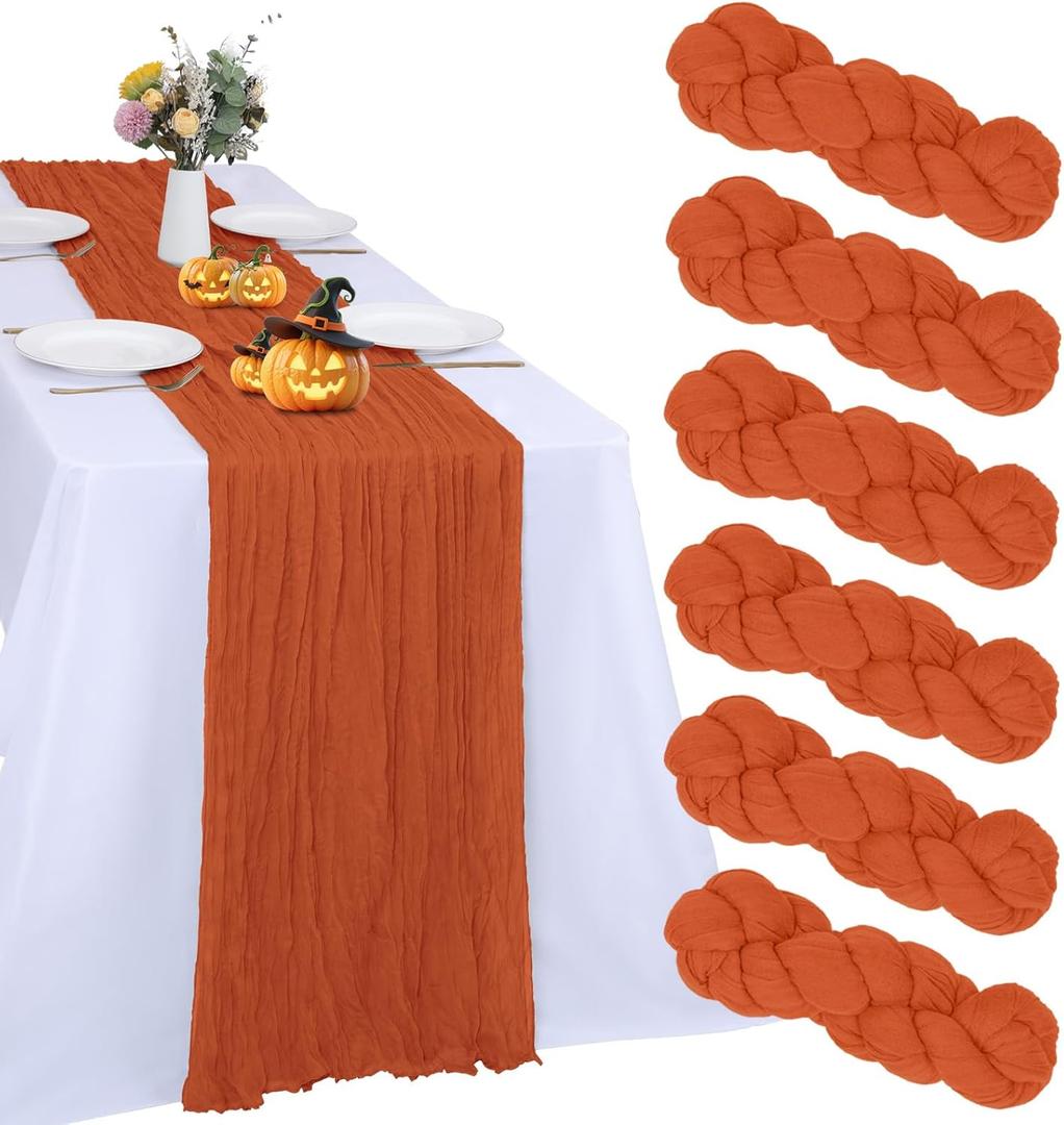 6 Pack Fall Table Runner Orange Cheesecloth 10FT Boho Gauze Fabric Table Runner 35 x 120 Inch Rustic for Thanksgiving Wedding Decor Holiday Party Boho Decoration(Orange)