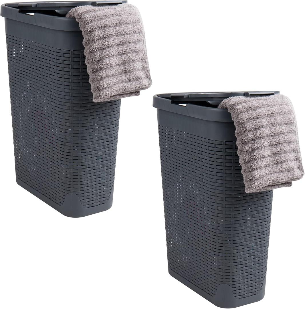 Mind Reader 40L Slim Laundry Hamper, Clothes Basket, Lid, Wicker Design, Plastic, 18"L x 10.4"W x 23.5"H, Set of 2, Gray