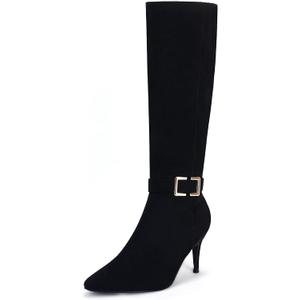 Coutgo Womens Knee High Boots Stiletto Heels Suede Pointed Toe Wide Calf Metal Buckle Side Zipper Winter Boots (8.5, Black)