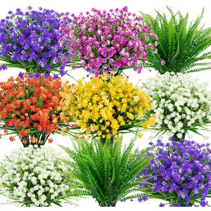 Ouddy Decor 24 Bundles Artificial Flowers for Outdoors UV Resistant Fake Plastic Plants Faux Boston Fern Greenery Stems for Spring Summer Indoor Garden Patio Window Box Kitchen Home Decor, Mixedcolor