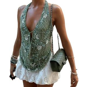 Cjfdfy Women's Y2k Sparkly Sequin Beaded Halter Tops Sexy Cowl Neck Low Cut Backless Embellished Tops Concert Party Outfits, Small