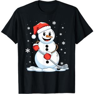 Funny Hockey Snowman Christmas Hockey Player Xmas Men Boys T-Shirt (M, Black)