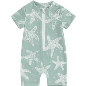 Toddler Baby Boy 4th of July Swimsuit Short Sleeve Bathing Suits One Piece Swim Zip Up Infant Boy Swimwear Sunsuits (2-3T, Green Starfish)