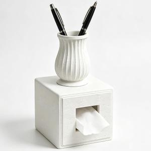 Xeano Tissue Box Cover Square, Decorative Facial Tissue Box Holder Front Open, Modern Cube Stone Look Toilet Paper Holder with Storage Jar for Bathroom Bedroom Living Room Office, Off White