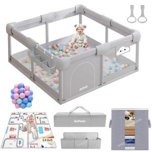 Large Baby Playpen with Mat, 50"x50" with Thickened Anti-Collision Sponge for Babies and Toddlers, with Ocean Balls, Gate, Storage Bag, Playard Gym for Babies, Activity Center, Kids Fence Light Gray
