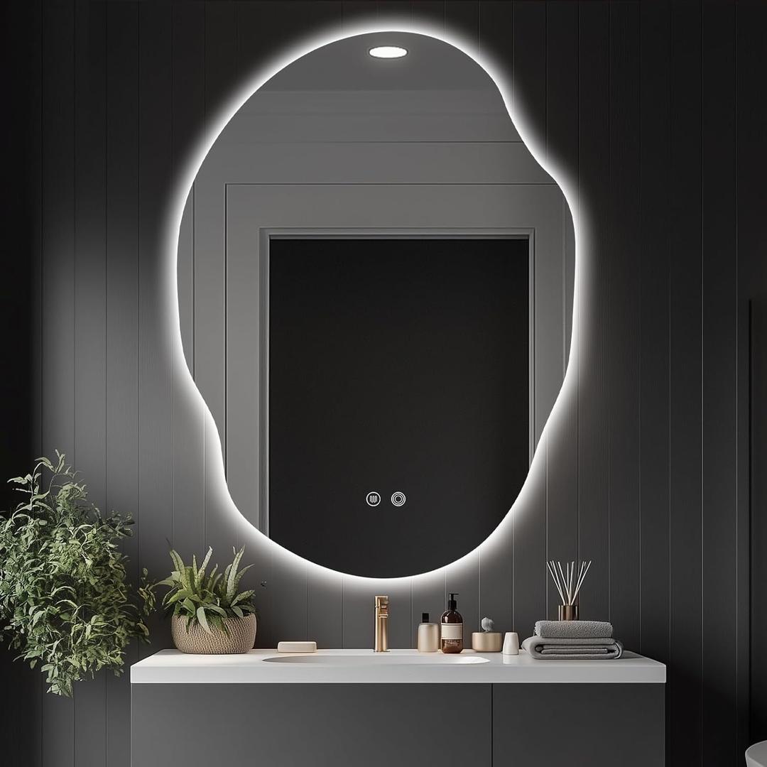 Asymmetrical LED Bathroom Mirror with Lights,Irregular Led Bathroom Vanity Mirror for Wall with Front and Backlit, Anti Fog, 3 Colors and Dimmable Light,[Horizontal/Vertical] 40" H x 30" W (Clear)