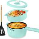 Dezin Electric Cooker, 2L Non-Stick Saut Pan, Rapid Noodles Cooker, Mini Pot for Steak, Egg, Fried Rice, Ramen, Oatmeal, Soup with Power Adjustment, College Dorm Room Essential (Round - G(Green/with Steamer))