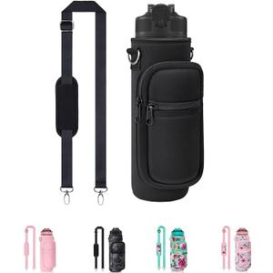 Water Bottle Holder with Strap, Insulated Crossbody Sling Bag, Carrier with Phone Pocket for Walking Hiking Camping Fishing (32oz Long, Black 02)