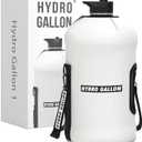 Hydro Gallon - 1 Gallon Water Bottle Jug with Insulated Sleeve and Straw Lid, Handle, Motivational Time Marker, Pocket, Shoulder Strap. Leakproof BPA free Large Big Bottle. 128oz (White)