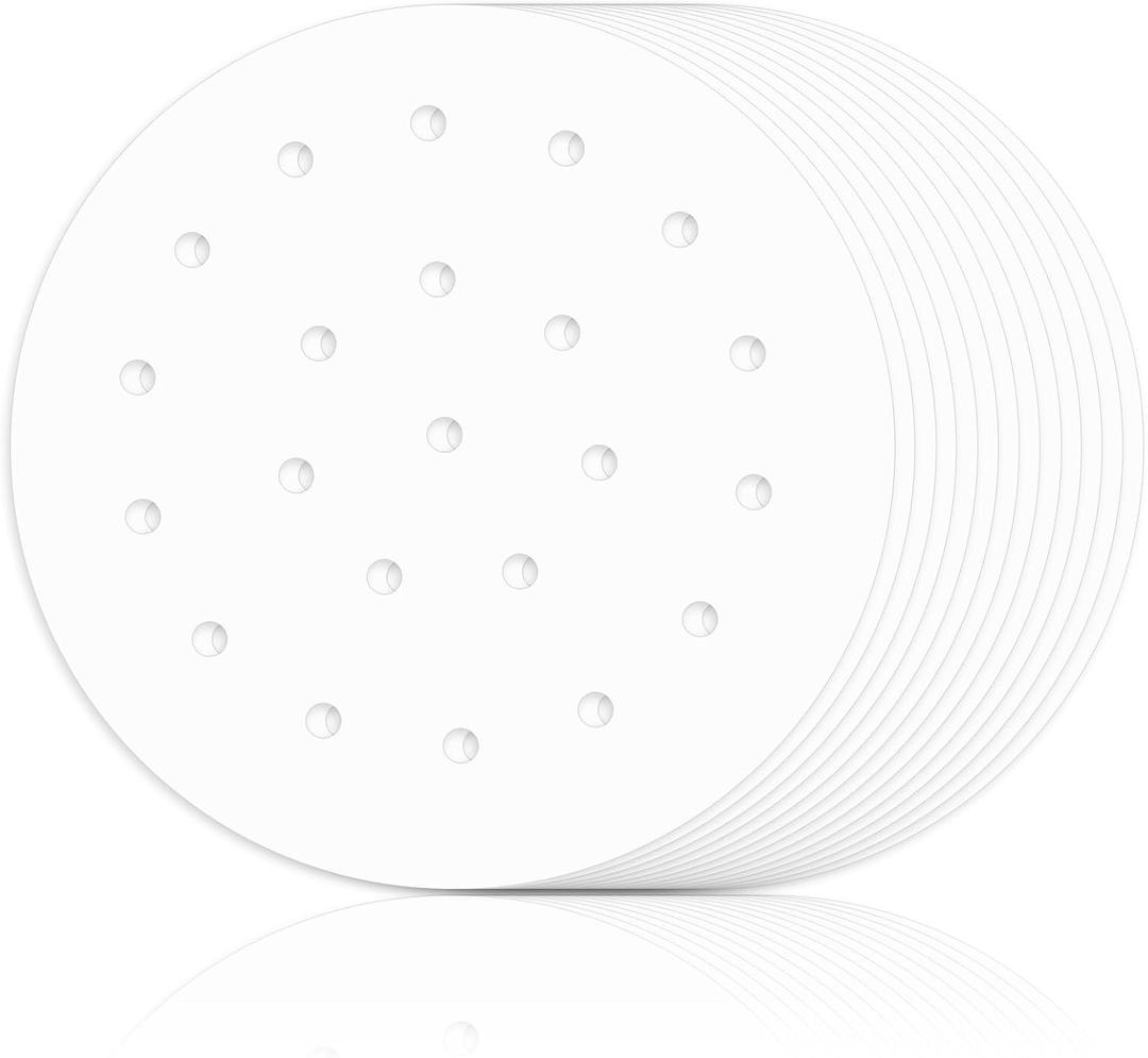 100 Pcs Air Fryer Parchment Paper, 8 Inch Steamer Liners Perforated Round Air Fryer Sheet Filter Liners Dumpling Steam Paper Perforated Bamboo Steamer Liner for Airfryer, Bamboo Steaming Basket