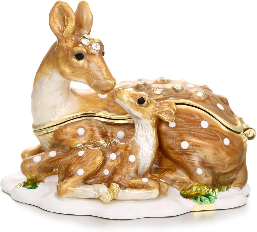 Hand Painted Trinket Box for Home Decor Accents, Enamel Hinged Jewelry Box for Bookshelf Office Table Desk Decoration, Classical Figurine Collectible Keepsake Animal Sculptures (Sika Deer)