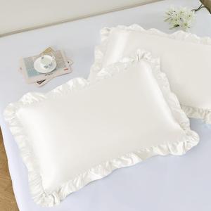 NSGZ Ruffled Satin Pillowcase Set of 2, Standard Size Silky Pillow Shams for Hair and Skin Care, Ivory White Satin Pillow Covers with Envelope Closure, Anti-Wrinkle Pillow Cases for Classic Room Decor